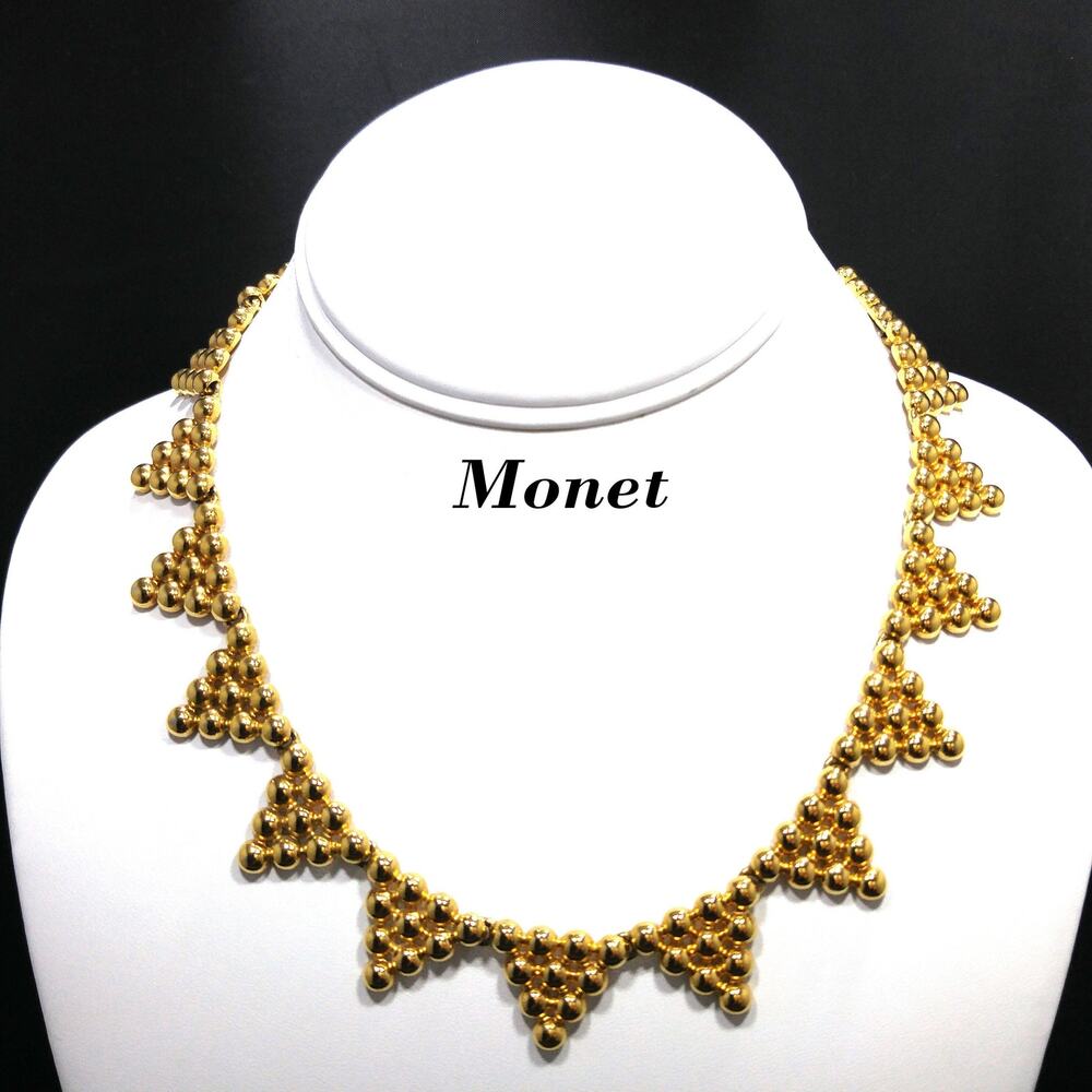 Vintage Monet Gold Ball Triangle Choker Necklace 1950s Adjustable 17 Inch
